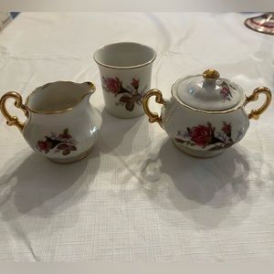 VINTAGE Royal Sealy Porcelain Creamer & Sugar Set W/cup. Japan Moss ROSE Floral